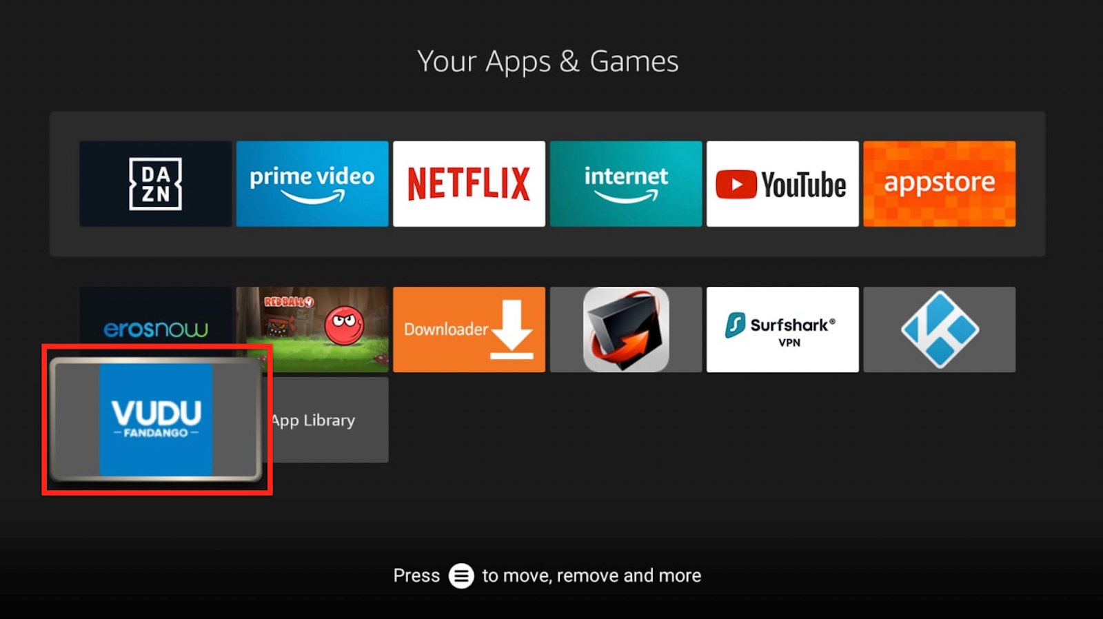 Firestick Apps and Games screen VUDU app highlighted