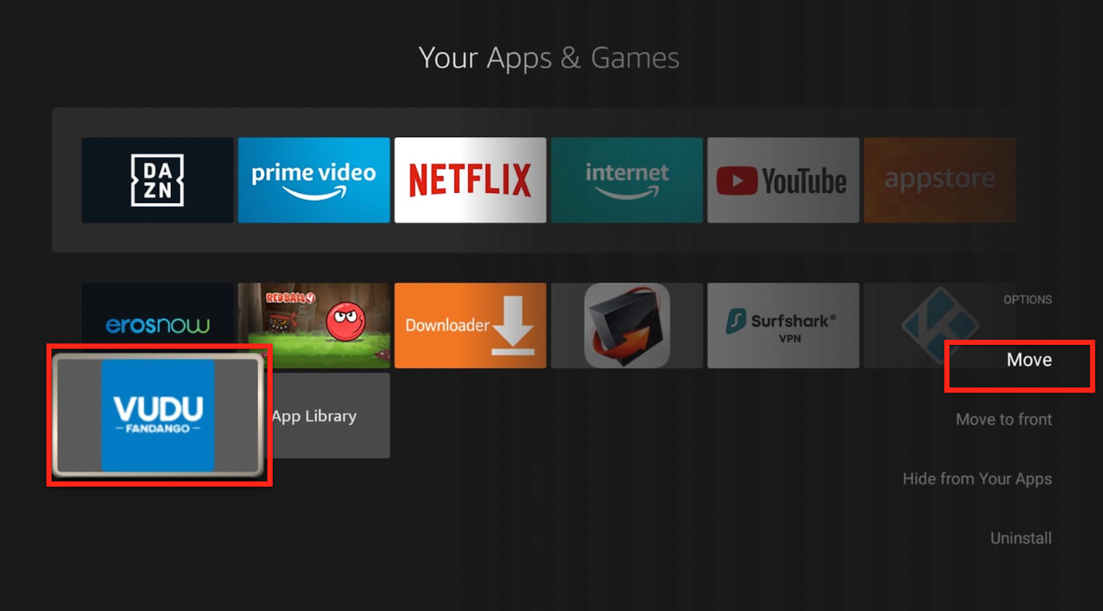 Firestick Apps and Games screen VUDU app move highlighted