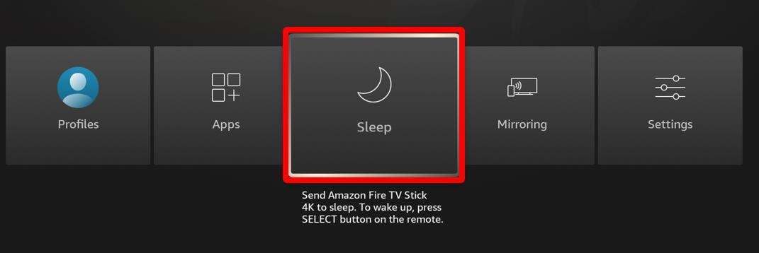 Firestick menu screen, sleep button highlighted