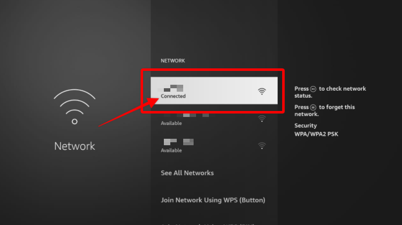 Firestick settings Network Connected highlighted