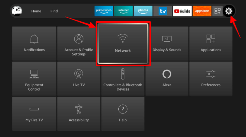 Firestick settings Network highlighted