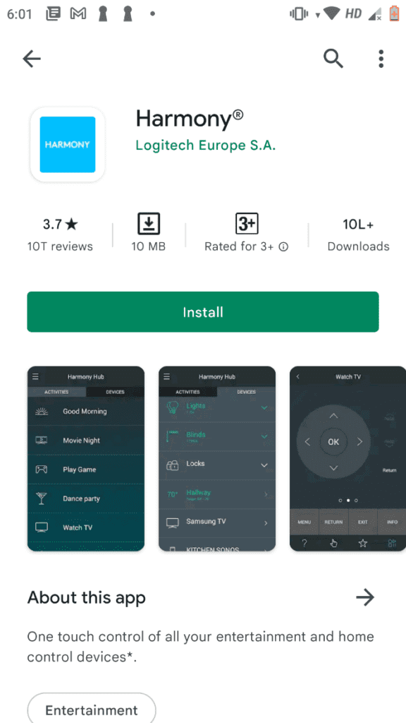 Harmony Remote app install screen