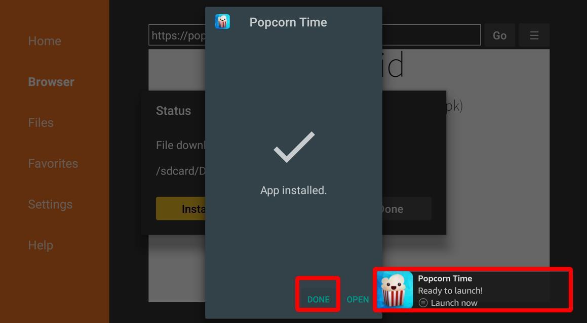 Install Success message Popcorn Time 