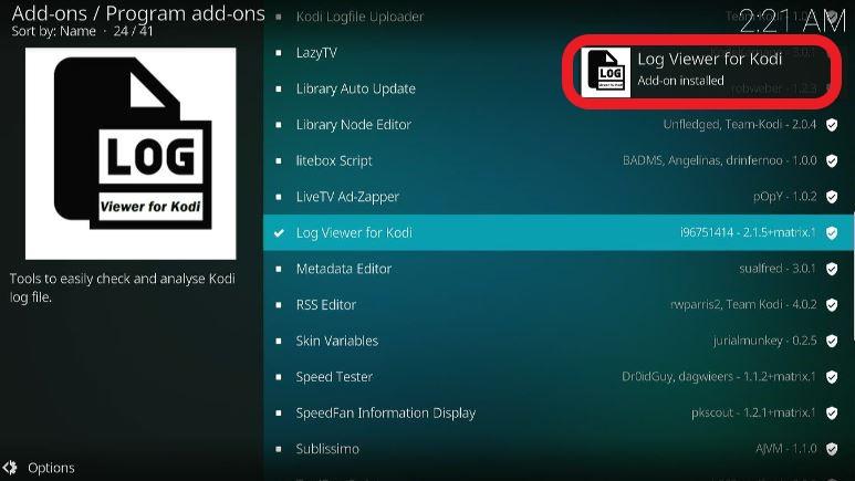 Installation Successfull Log Viewer for Kodi