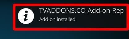 Installation confirmation notification 'TV addons Co repo installed'