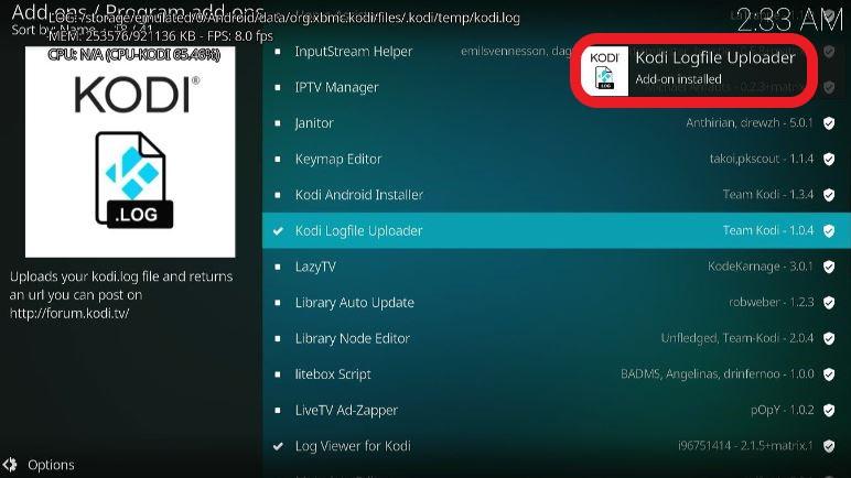 Installation message Kodi Logfile Uploader