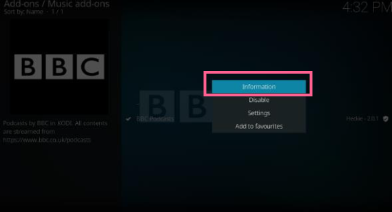 Kodi Add-ons BBC Podcasts interface, Information from pop-up highlighted