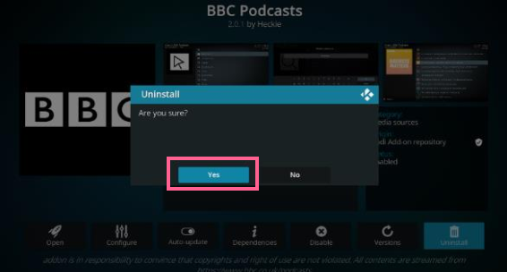 Kodi Add-ons BBC Podcasts interface, Uninstall pop-up