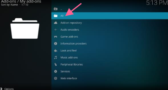 Kodi Add-ons My add-ons interface, All highlighted