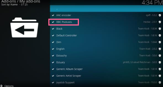 Kodi Add-ons My add-ons interface, BBC Podcasts highlighted