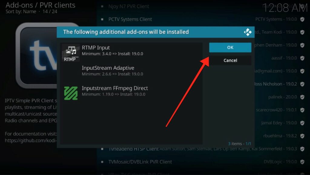 Kodi Add-ons PVR client screen, pop-up to install additional add-ons