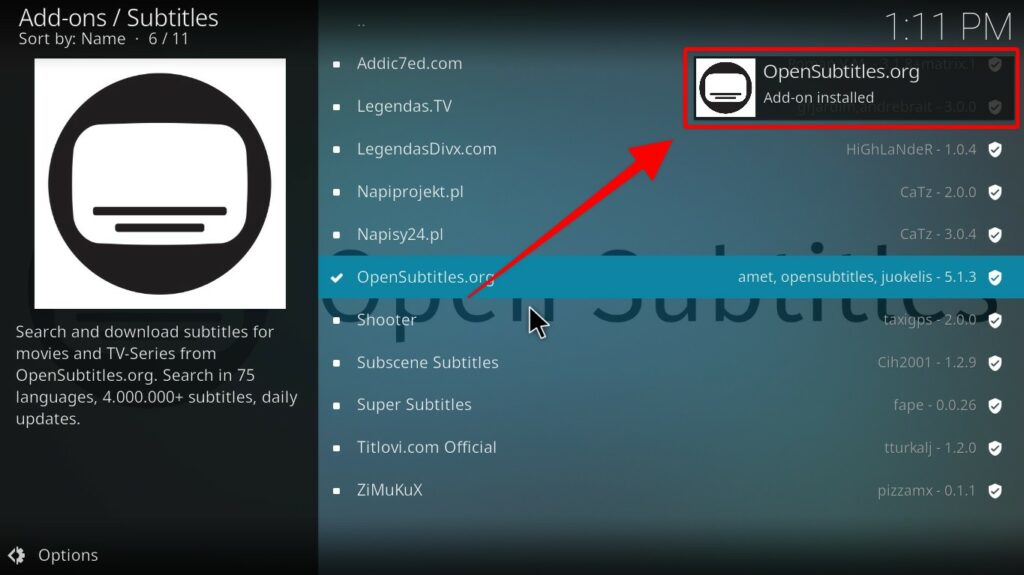 Kodi Add-ons Subtitles menu screen after OpenSubtitles been installed