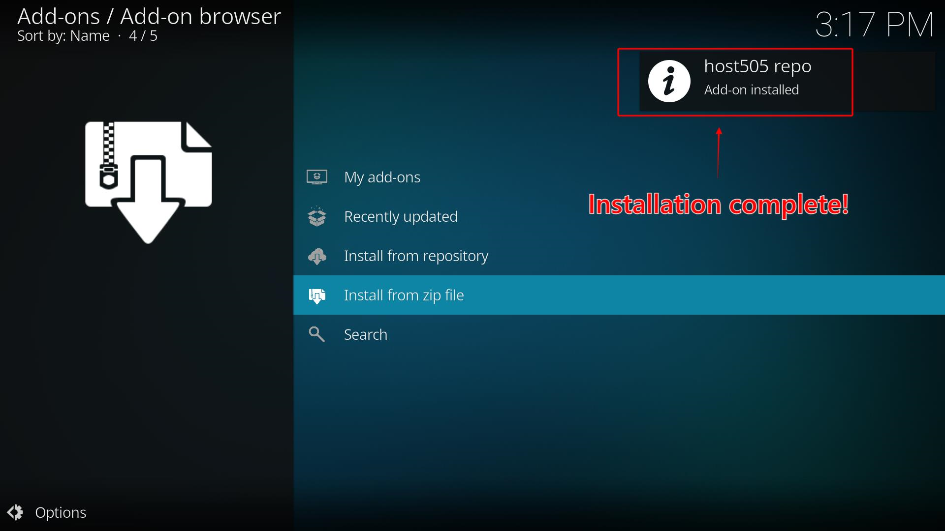 Kodi Add-ons menu showing The Oath addon repo file as installed