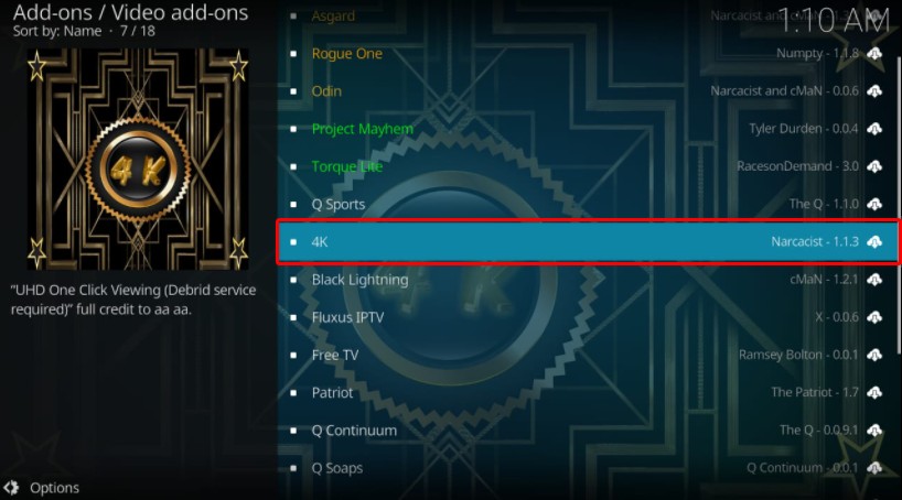 Kodi Add-ons screen, 4K highlighted