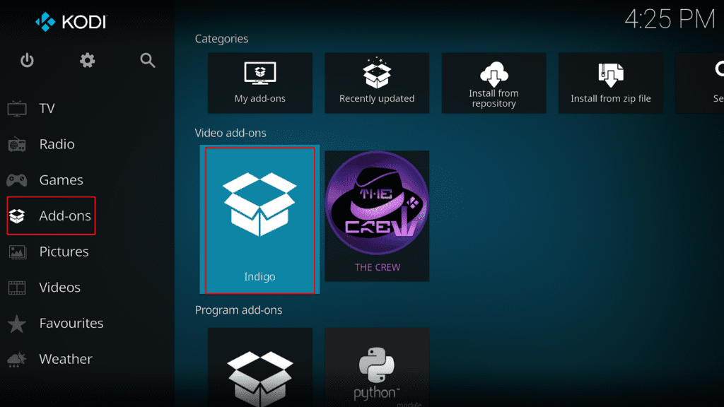 Kodi Add-ons screen showing the Indigo among the Video add-ons tile menu