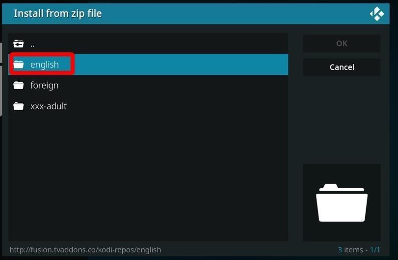 Kodi Addon screen Install from Zip file English highlighted