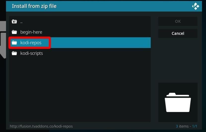 Kodi Addon screen Install from Zip file Kodi-repos highlighted