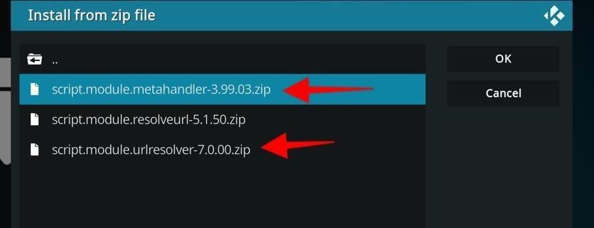 Kodi Addon screen Install from Zip file Kodi-scripts Metahandler and Urlresolver highlighted