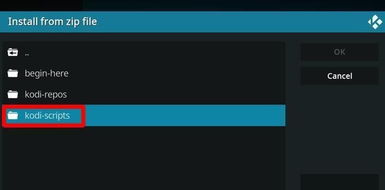 Kodi Addon screen Install from Zip file Kodi-scripts highlighted
