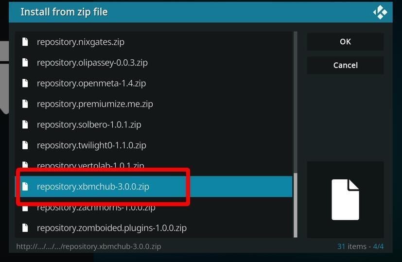 Kodi Addon screen Install from Zip file repository.xbmchug-3.0.0.zip highlighted