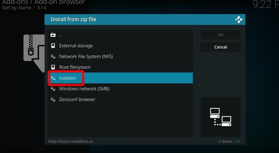 Kodi Addon screen Install from Zip file tvaddon highlighted