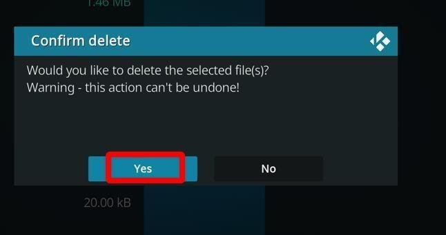 Kodi Addons27.db pop-up delete confirmation pop-up