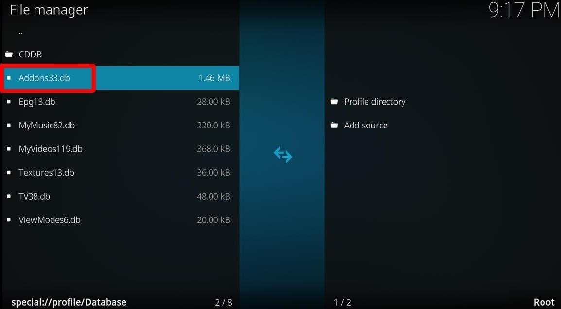 Kodi File Manager screen Addons27.db highlighted