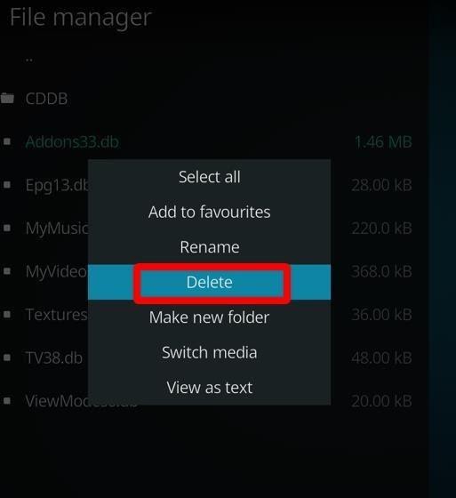 Kodi File Manager screen Addons27.db pop-up Delete highlighted