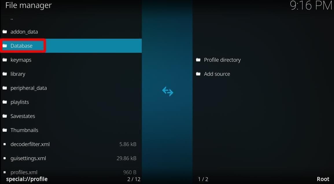 Kodi File Manager screen Database highlighted