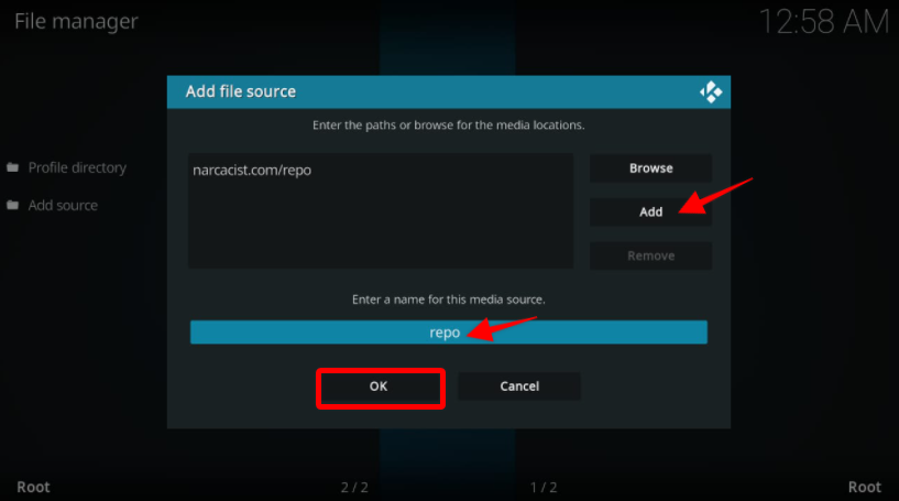 Kodi File Manager window, naming file source for narcasist