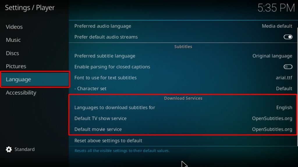 Kodi Player menu with Language settings configured for English subtitles and OpenSubtitles.org as the default TV show and movie services