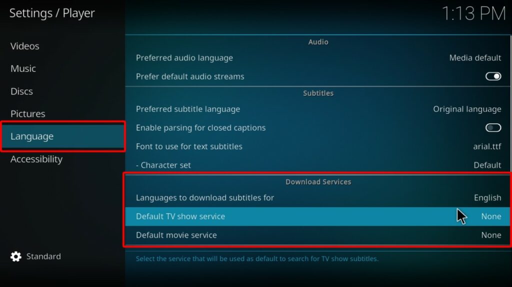 Kodi Player menu with the Language and Download Services options highlighted