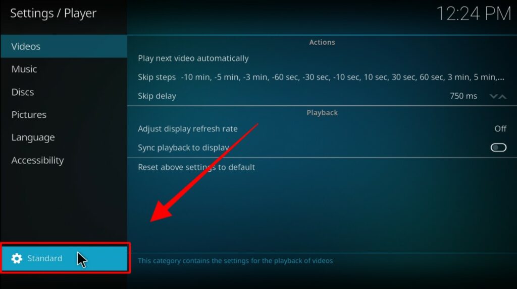 Kodi Player menu with the Standard settings option highlighted