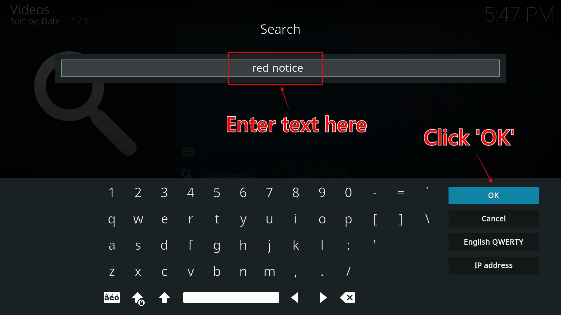 Kodi Search interface showing ‘red notice’ typed in the search bar and the OK button highlighted for clicking