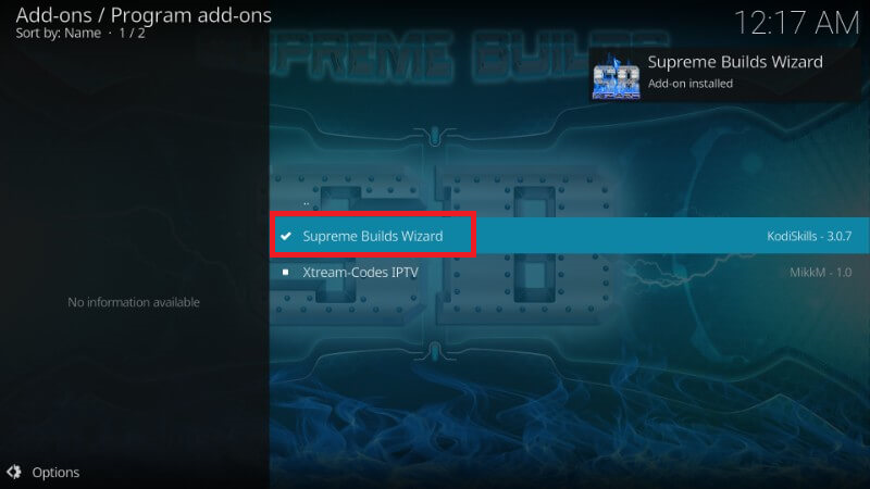 Kodi Supreme Build Wizard Program add-ons installed highlighted