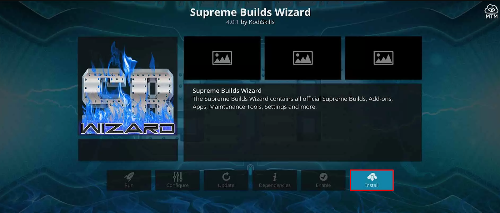 Kodi Supreme Build Wizard install button highlighted