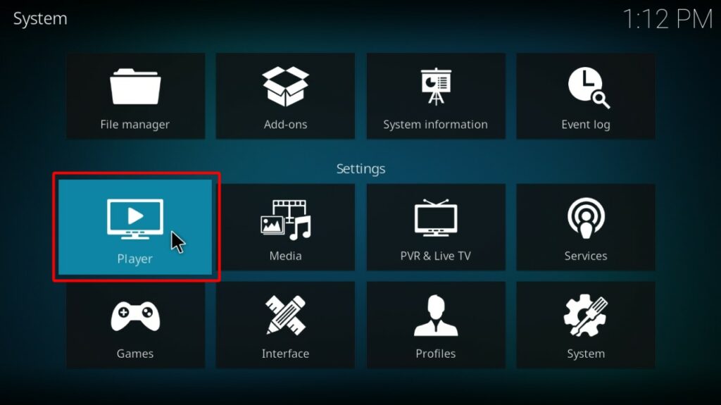 Kodi System tile menu with the Player tile highlighted