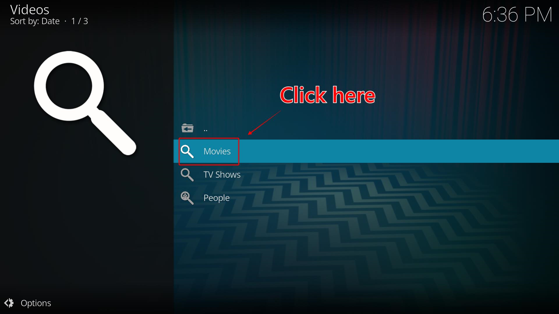 Kodi Videos menu for the Search category showing Movies, TV Shows and People as options with Movies highlighted for selection