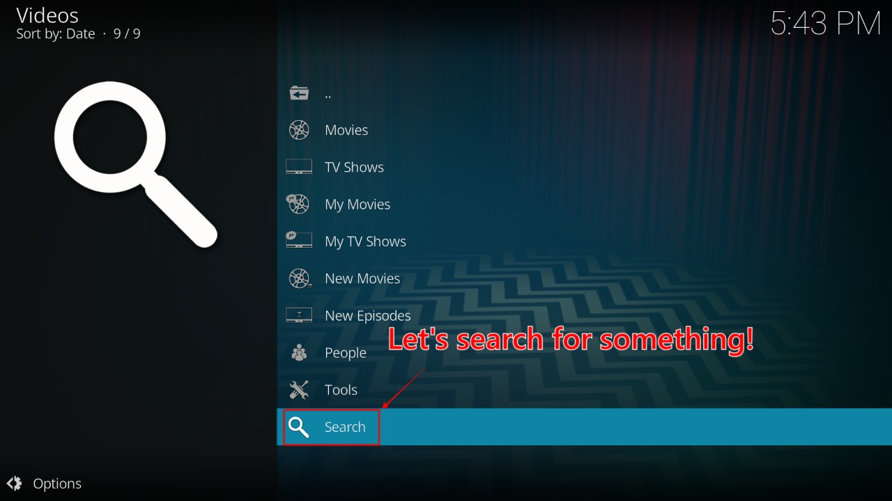 Kodi Videos menu with the Search option highlighted