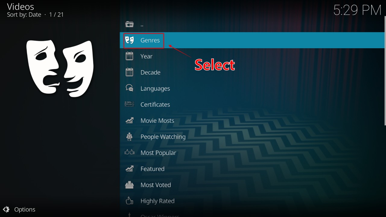 Kodi Videos screen with Genres highlighted