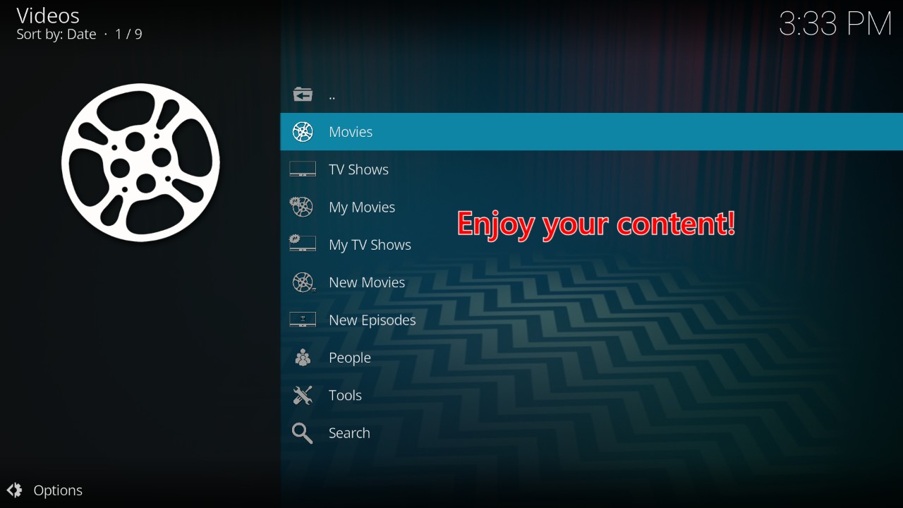 Kodi Videos screenwith Movies being highlighted