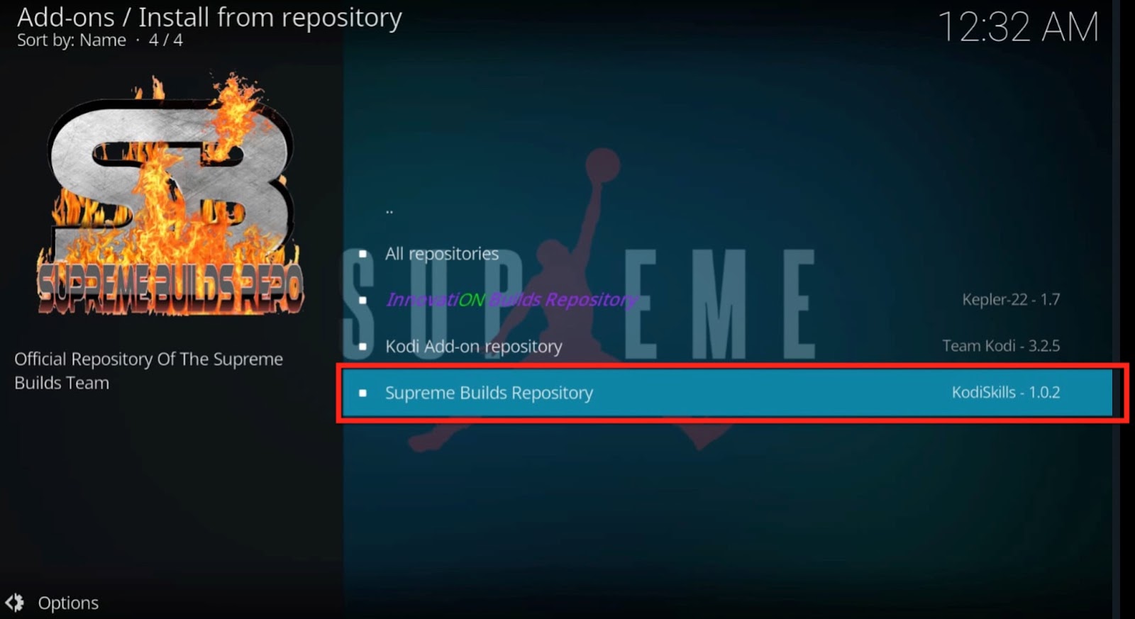 Kodi add-ons Install from repository Supreme Builds Repository highlighted