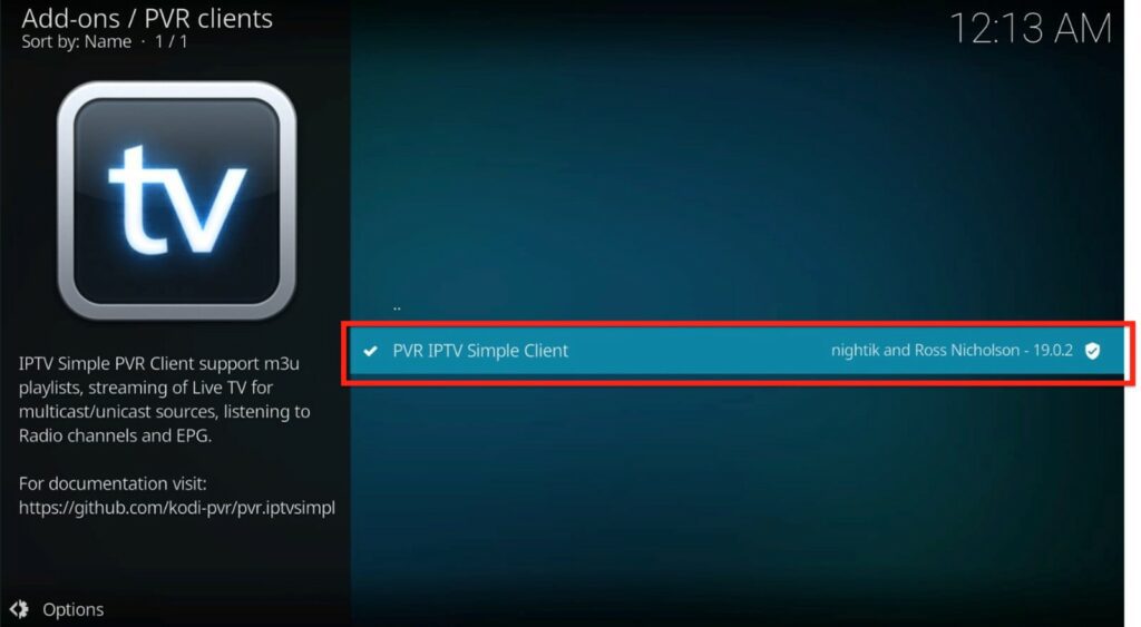 Kodi add-ons PVR clients screen PVR IPTV Simple Client highlighted