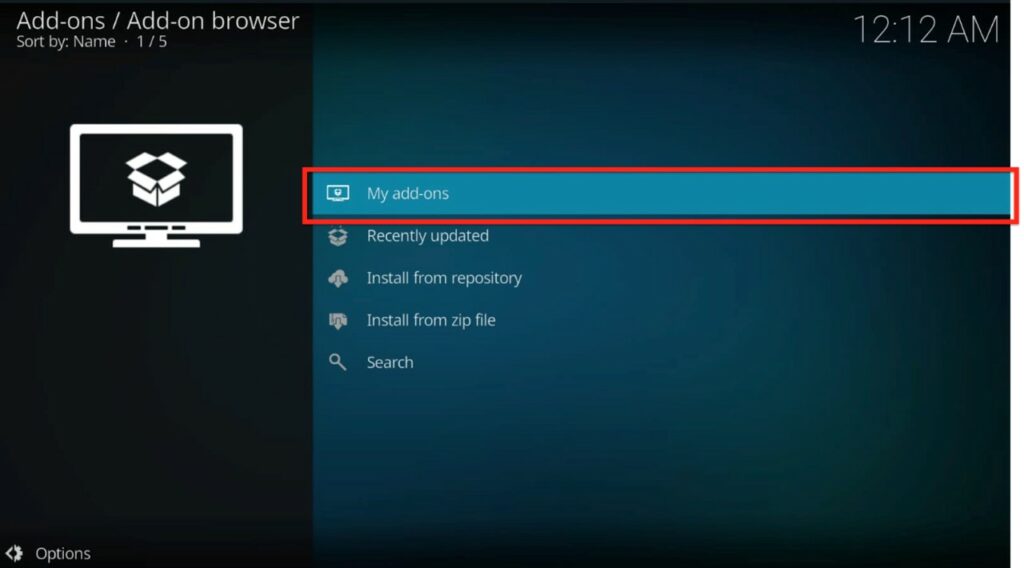 Kodi add-ons browser, My add-ons highlighted