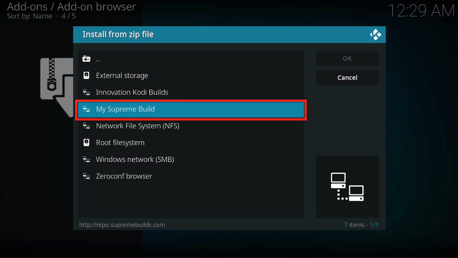 Kodi add-ons install from zip file pop-up, My Supreme Build highlighted