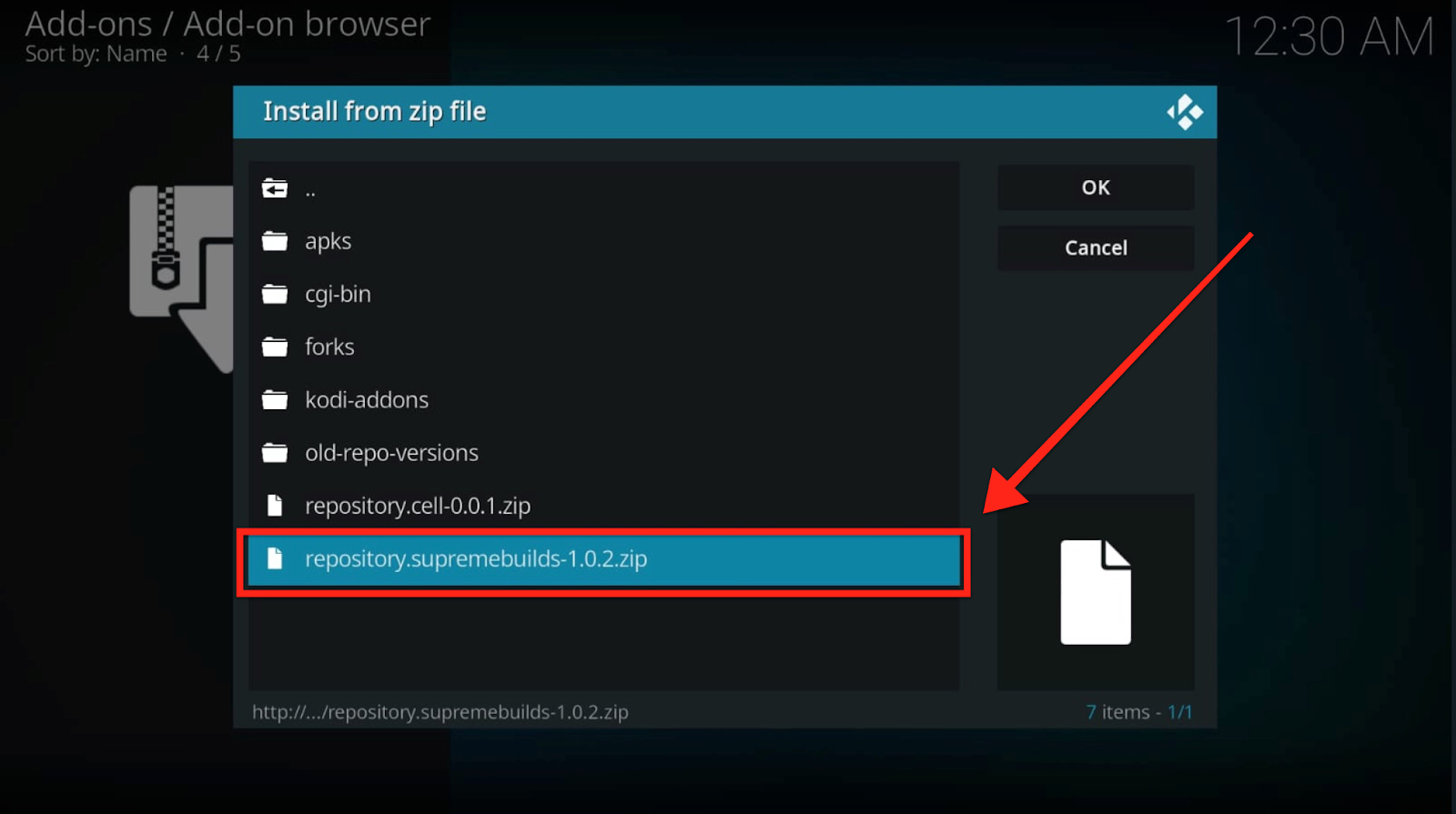 Kodi add-ons install from zip file pop-up, Supreme Build repository highlighted