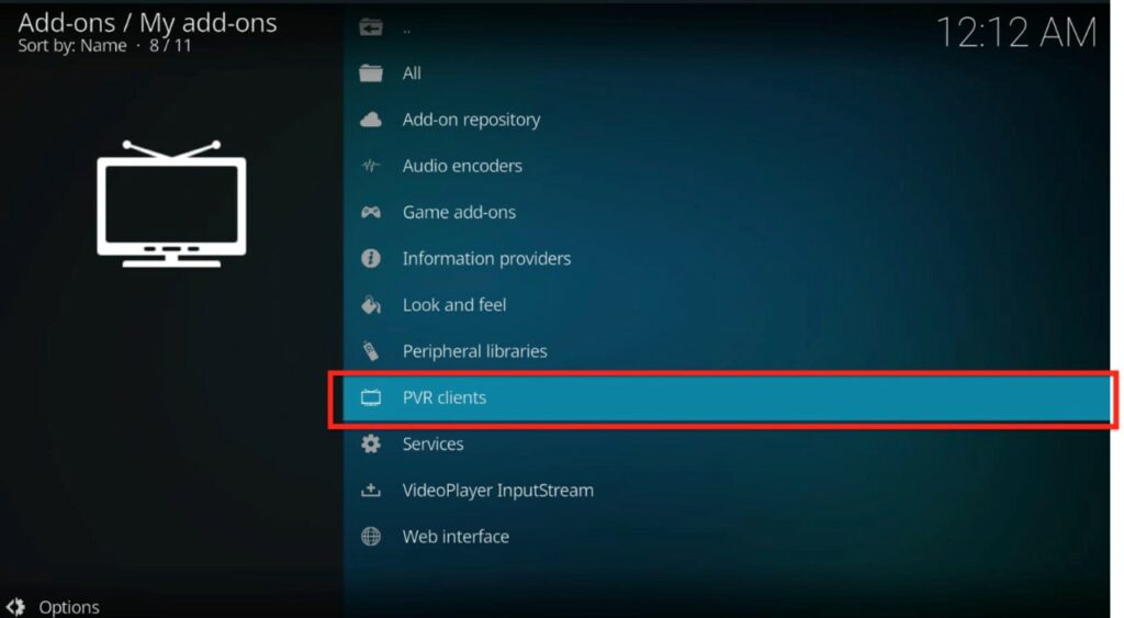 Kodi add-ons screen PVR clients highlighted