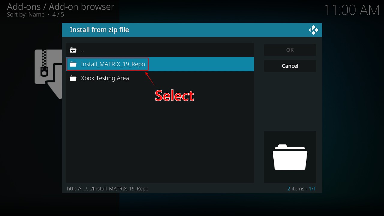 Kodi add-ons screen, click Install_MATRIX_19_Repo