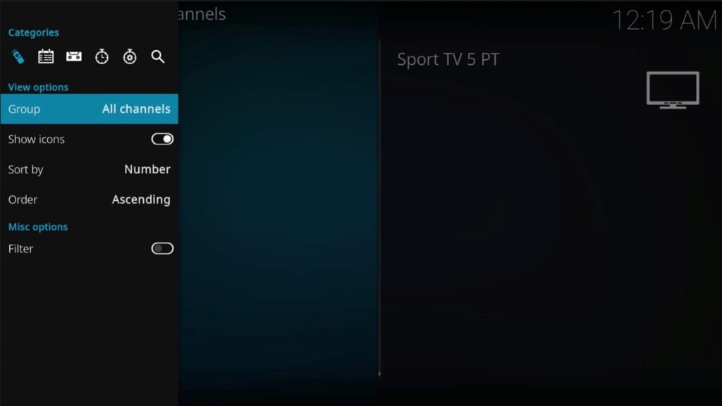 Kodi all channels categories screen