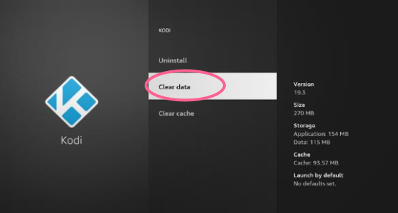 Kodi app screen Clear data highlighted